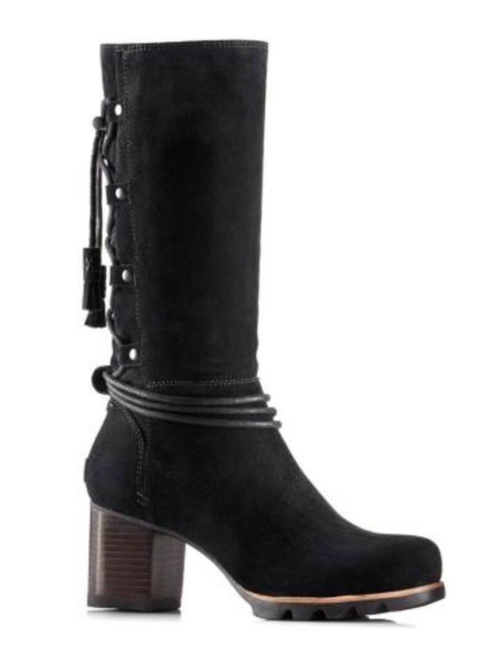 Sorel Farah Black Suede Leather Mid Calf Tall Lace Up Tassel Boots Size 7.5